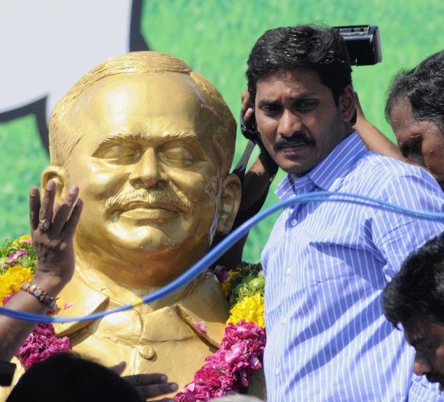 Former Kadapa MP Y.S.Jagan Mohan Reddy on the dais as part the 48-hour hunger strike demanding relief to farmers affected in the recent rains, in Vijayawada on Tuesday.